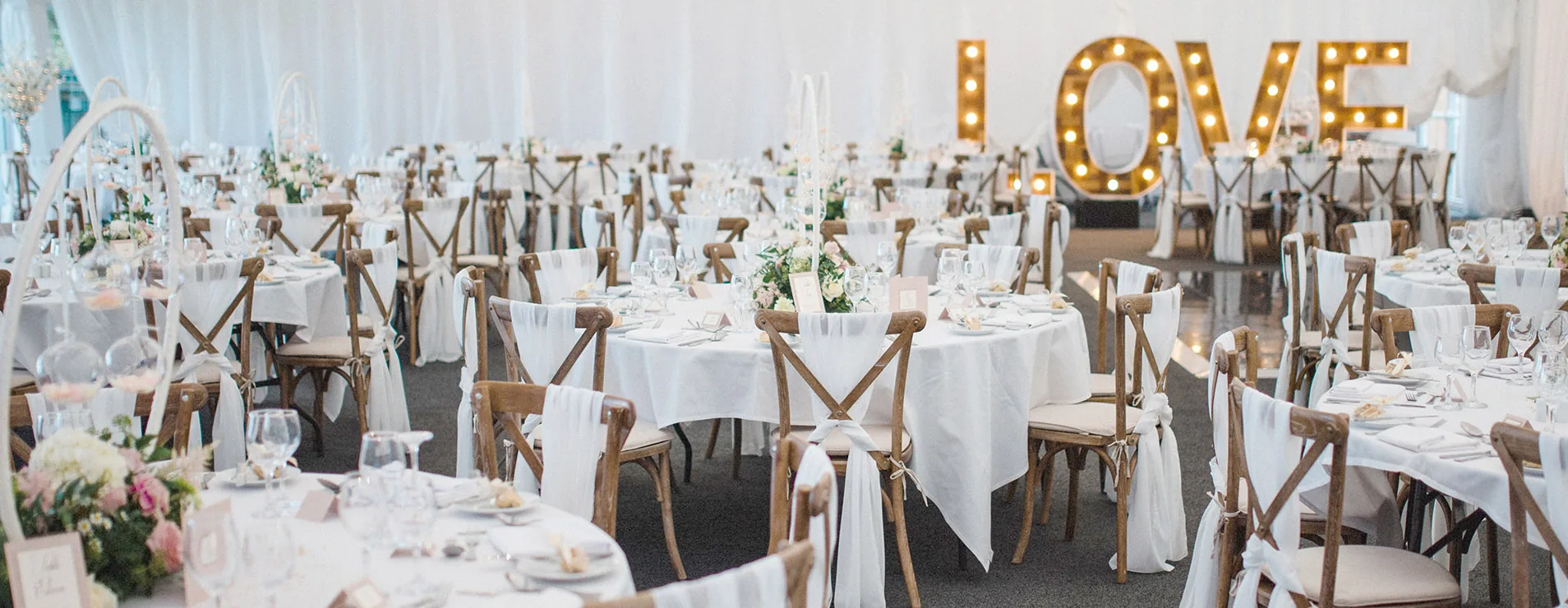 The Garden Marquee laid for a wedding breakfast